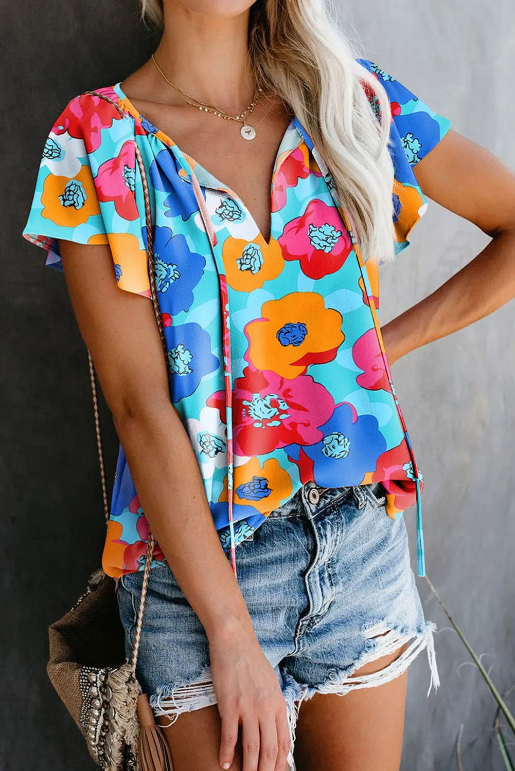 Multicolor Floral Print Drawstring V Neck Blouse