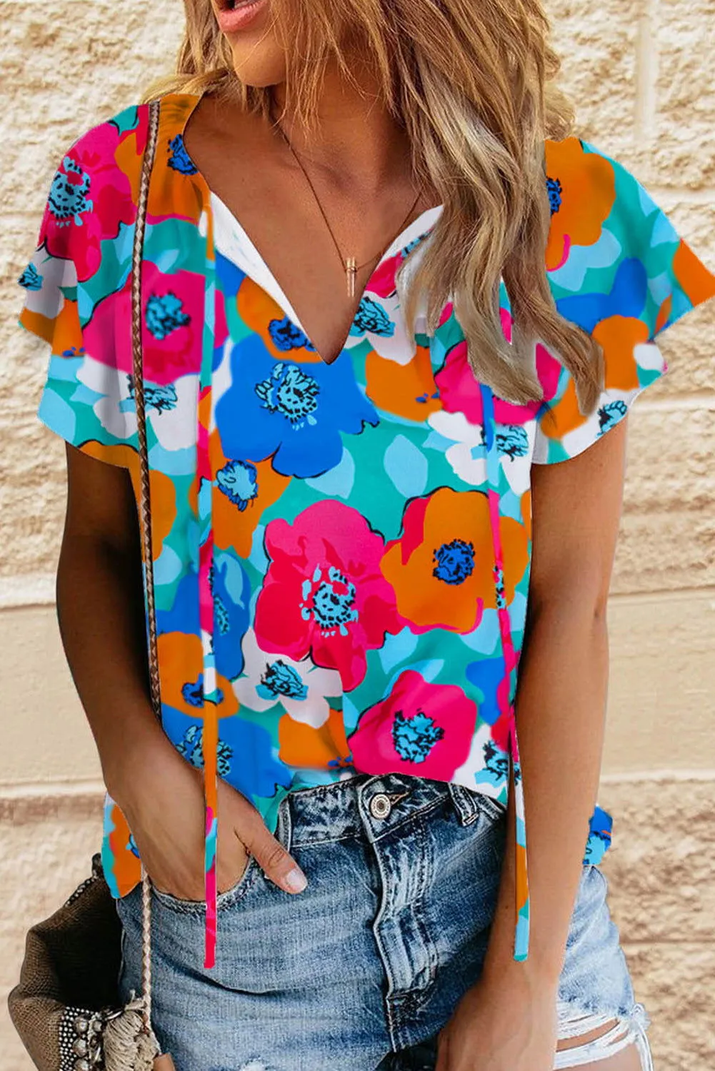 Multicolor Floral Print Drawstring V Neck Blouse