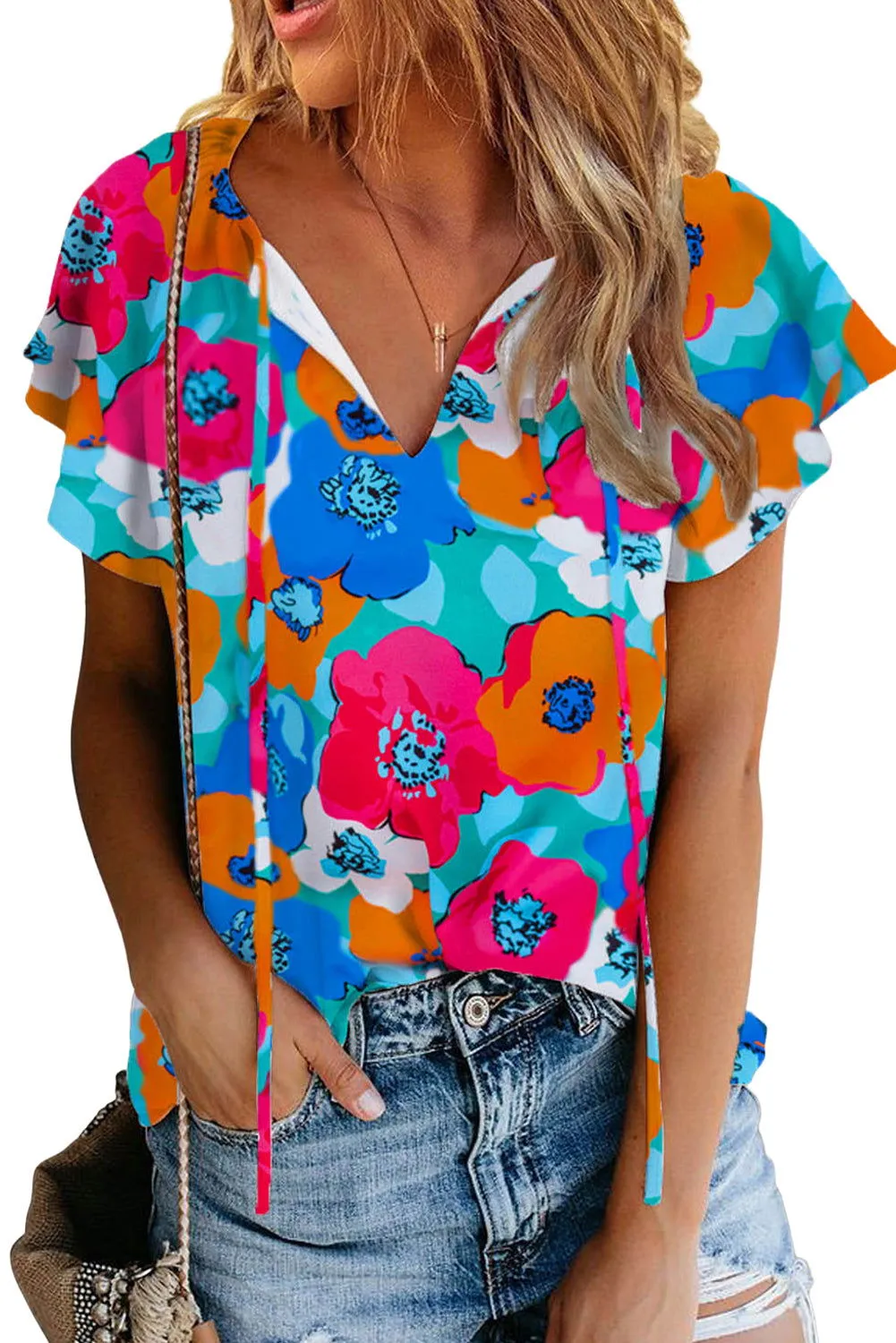 Multicolor Floral Print Drawstring V Neck Blouse