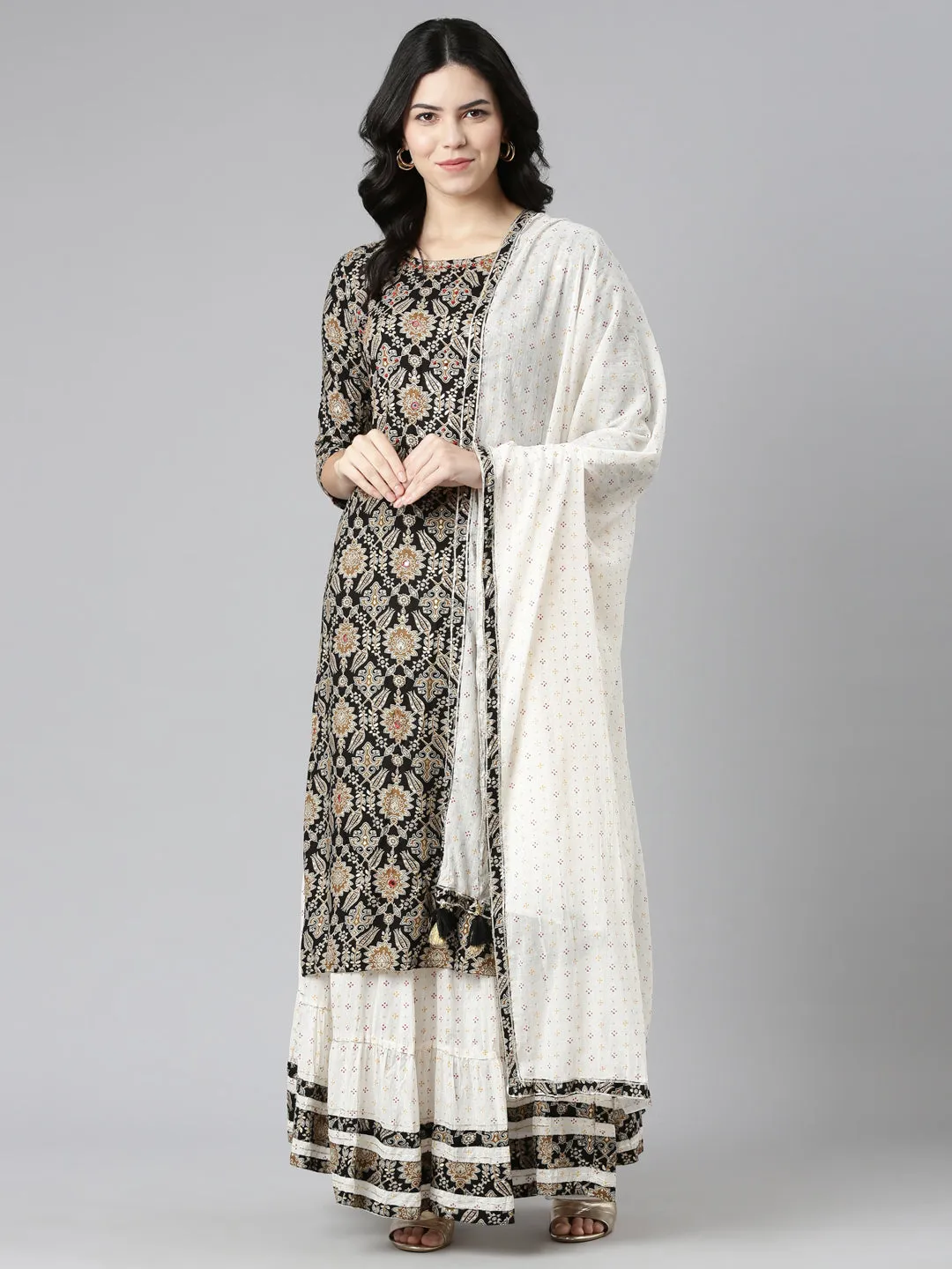 Neeru's Black Regular Straight Printed Kurta And Skirt With Dupatta