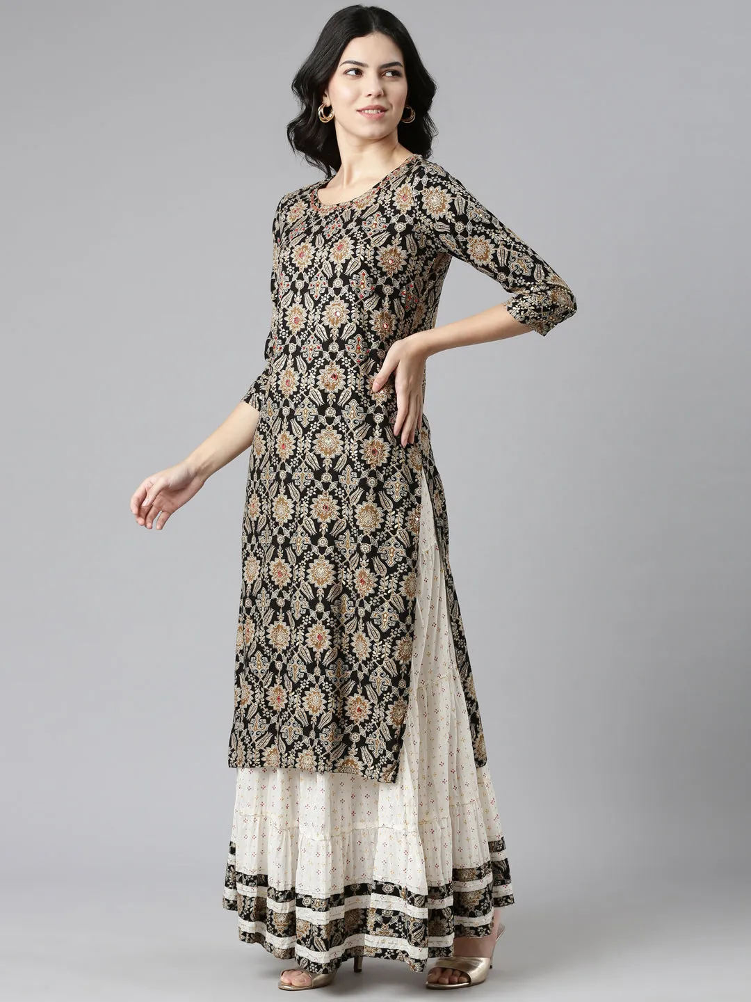 Neeru's Black Regular Straight Printed Kurta And Skirt With Dupatta