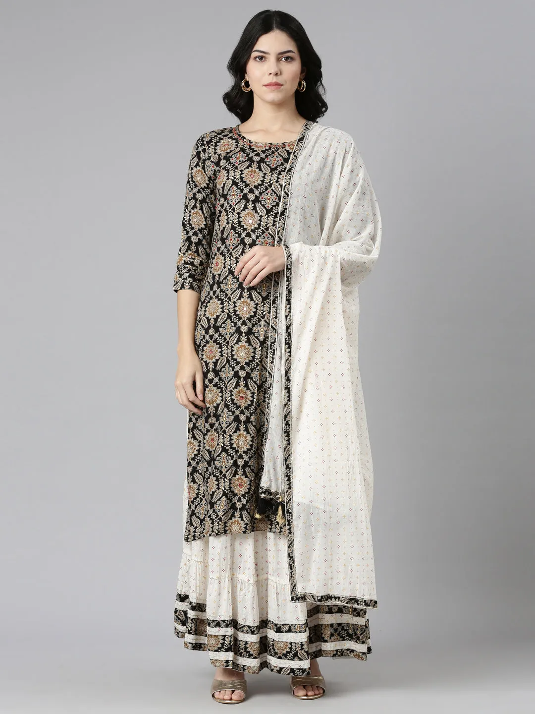 Neeru's Black Regular Straight Printed Kurta And Skirt With Dupatta