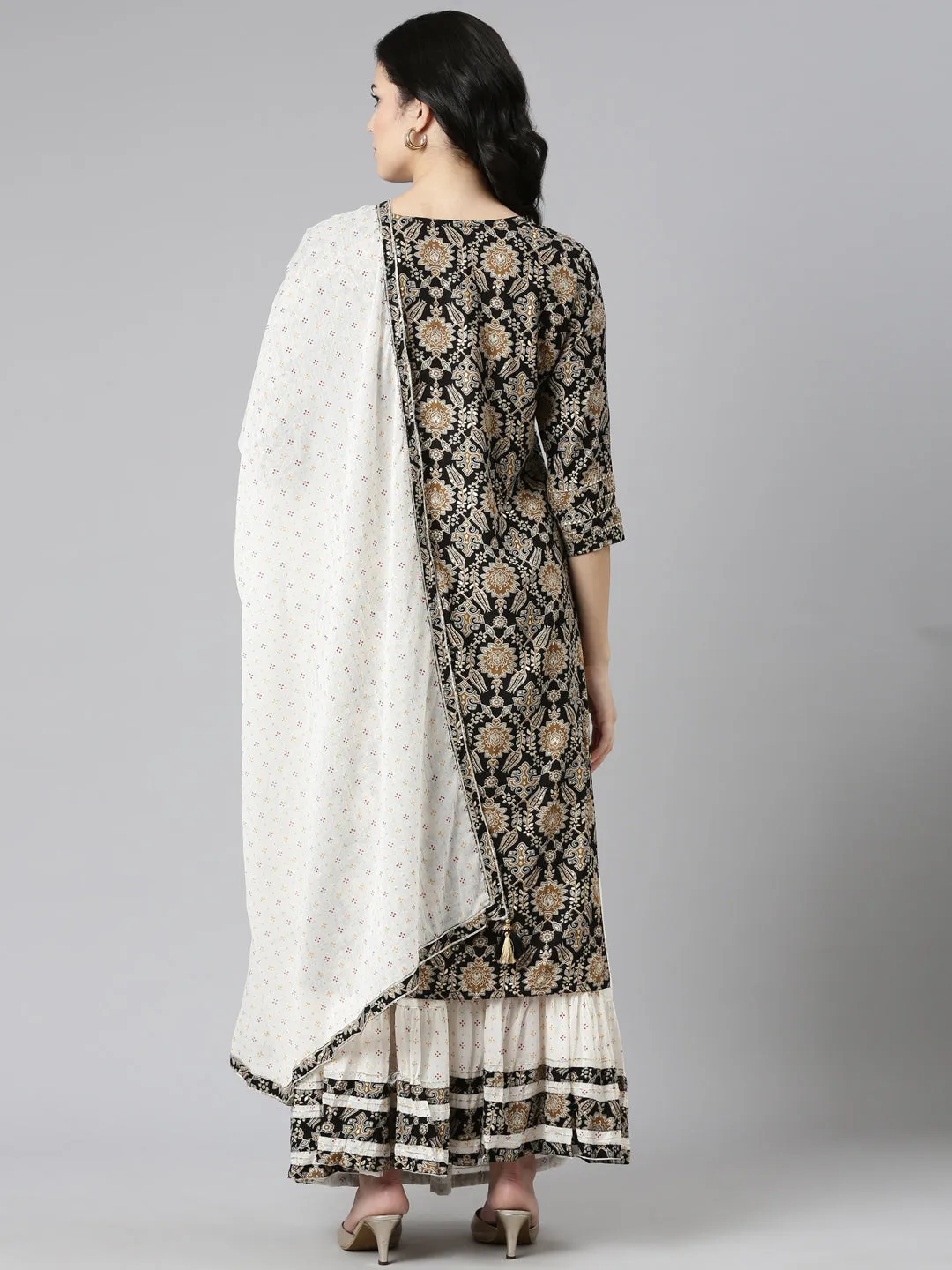 Neeru's Black Regular Straight Printed Kurta And Skirt With Dupatta