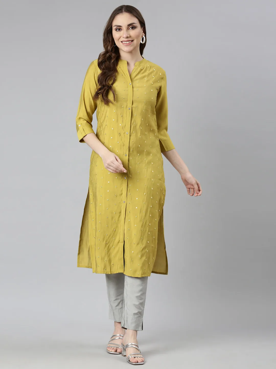 Neerus Green Panelled Straight Embellished Kurtas