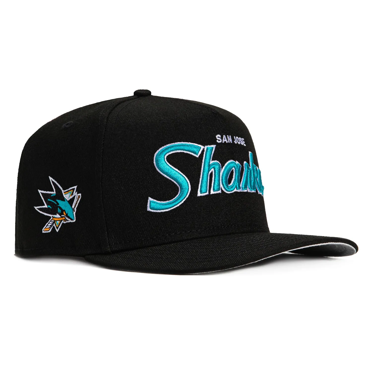 New Era 9Fifty A-Frame San Jose Sharks Logo Patch Snapback Script Hat - Black