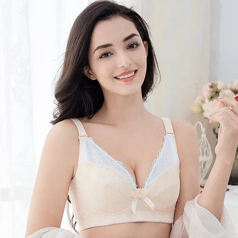 New large size ultra-thin sponge-free bra for big breasts with small sexy lace bow contrast color full cup women's underwear