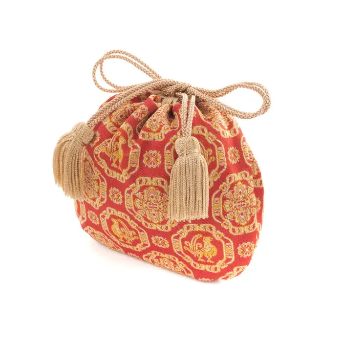 Nishijin-ori Small Drawstring Bag - Cock and Flower / Red -,  Made in Kyoto, Japan,  Japanese traditional craft purse