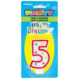 Number 5 Glitter Birthday Candle w/Cake Decoration | 1ct