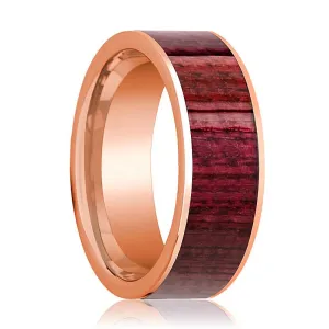 Polished 14k Rose Gold Flat Men's Wedding Band with Purpleheart Wood Inlay - 8MM