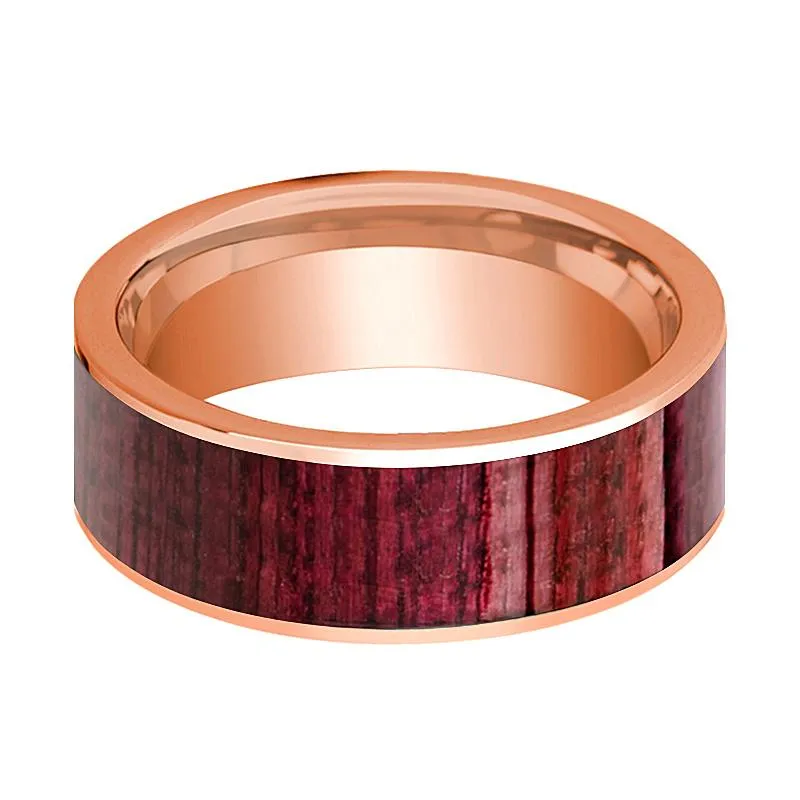 Polished 14k Rose Gold Flat Men's Wedding Band with Purpleheart Wood Inlay - 8MM