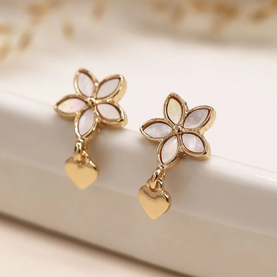 POM Golden shell inset flower and heart charm earrings