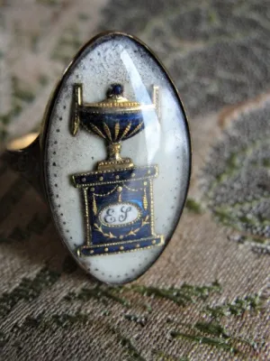 Rare Antique GEORGIAN Blue Urn MEMORIAL Mourning Ring Enamel and Rock Crystal Dated 1788 Memento Mori Jewelry