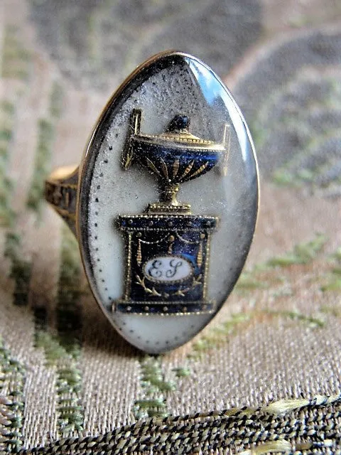 Rare Antique GEORGIAN Blue Urn MEMORIAL Mourning Ring Enamel and Rock Crystal Dated 1788 Memento Mori Jewelry