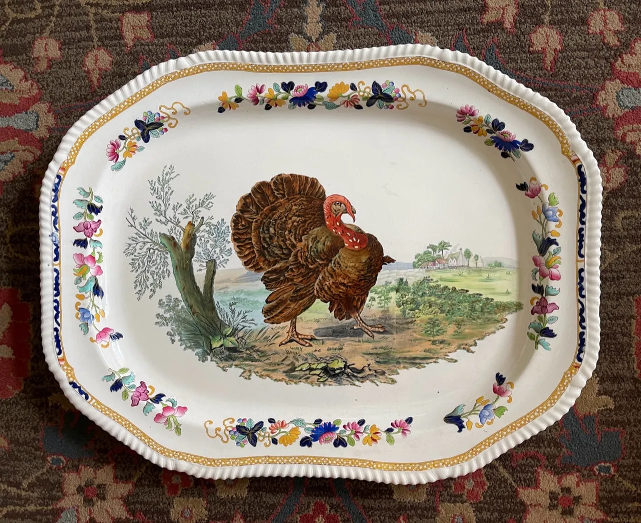 Rare! HUGE 26" Antique Copeland Spode Polychrome Transferware Turkey Platter