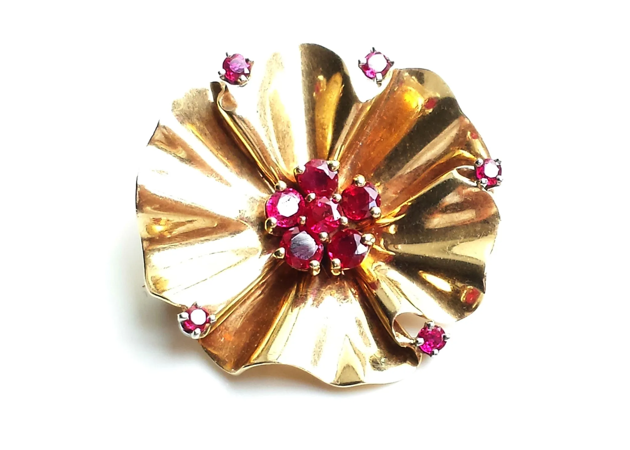 Rare Vintage Retro Tiffany & Co. Mid-century Modernist 1940s 14k Gold & Ruby Flower Brooch