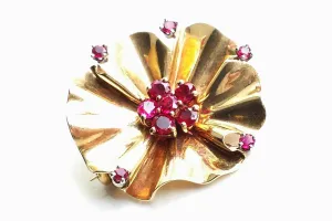 Rare Vintage Retro Tiffany & Co. Mid-century Modernist 1940s 14k Gold & Ruby Flower Brooch