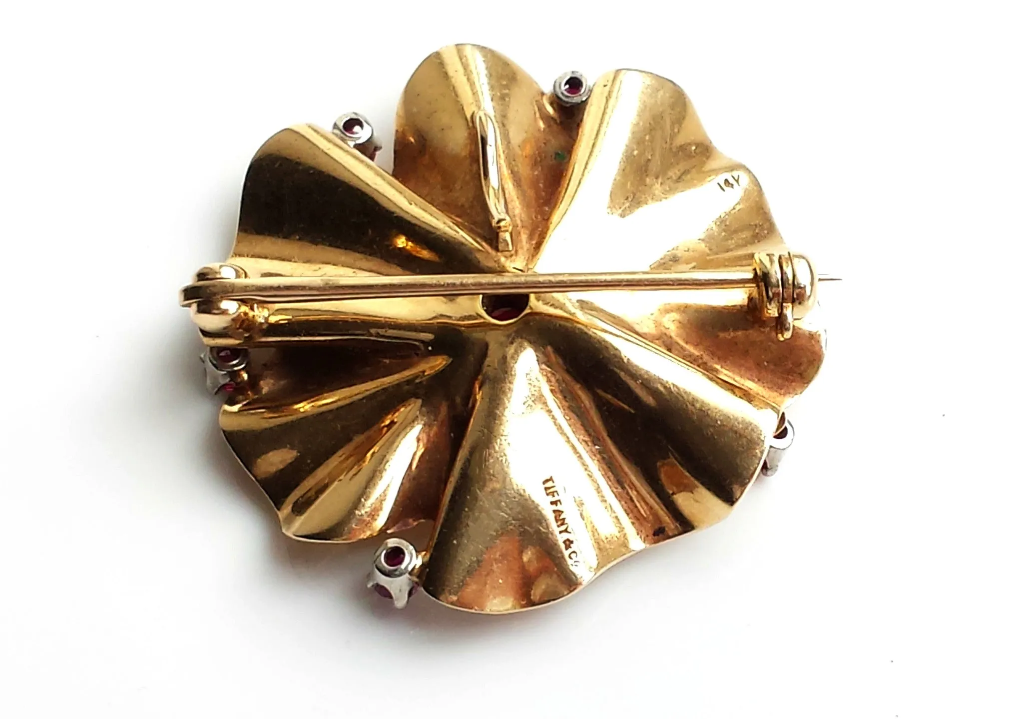 Rare Vintage Retro Tiffany & Co. Mid-century Modernist 1940s 14k Gold & Ruby Flower Brooch