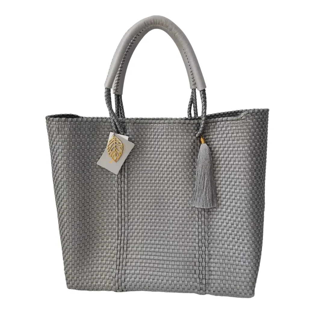 Recycled plastic Woven Tote, with inside linen, pockets & leather handle