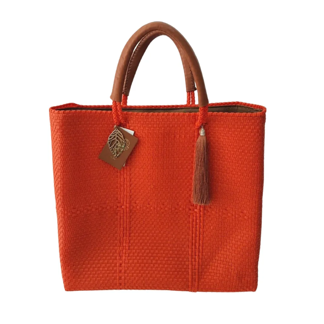 Recycled plastic Woven Tote, with inside linen, pockets & leather handle