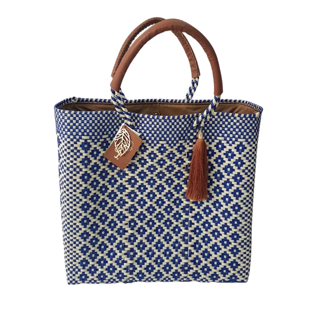 Recycled plastic Woven Tote, with inside linen, pockets & leather handle