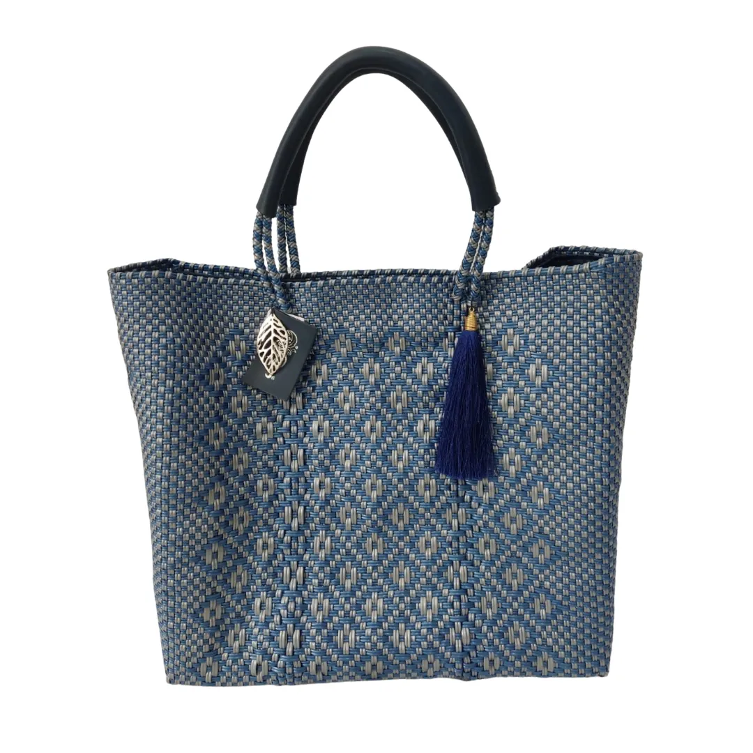 Recycled plastic Woven Tote, with inside linen, pockets & leather handle