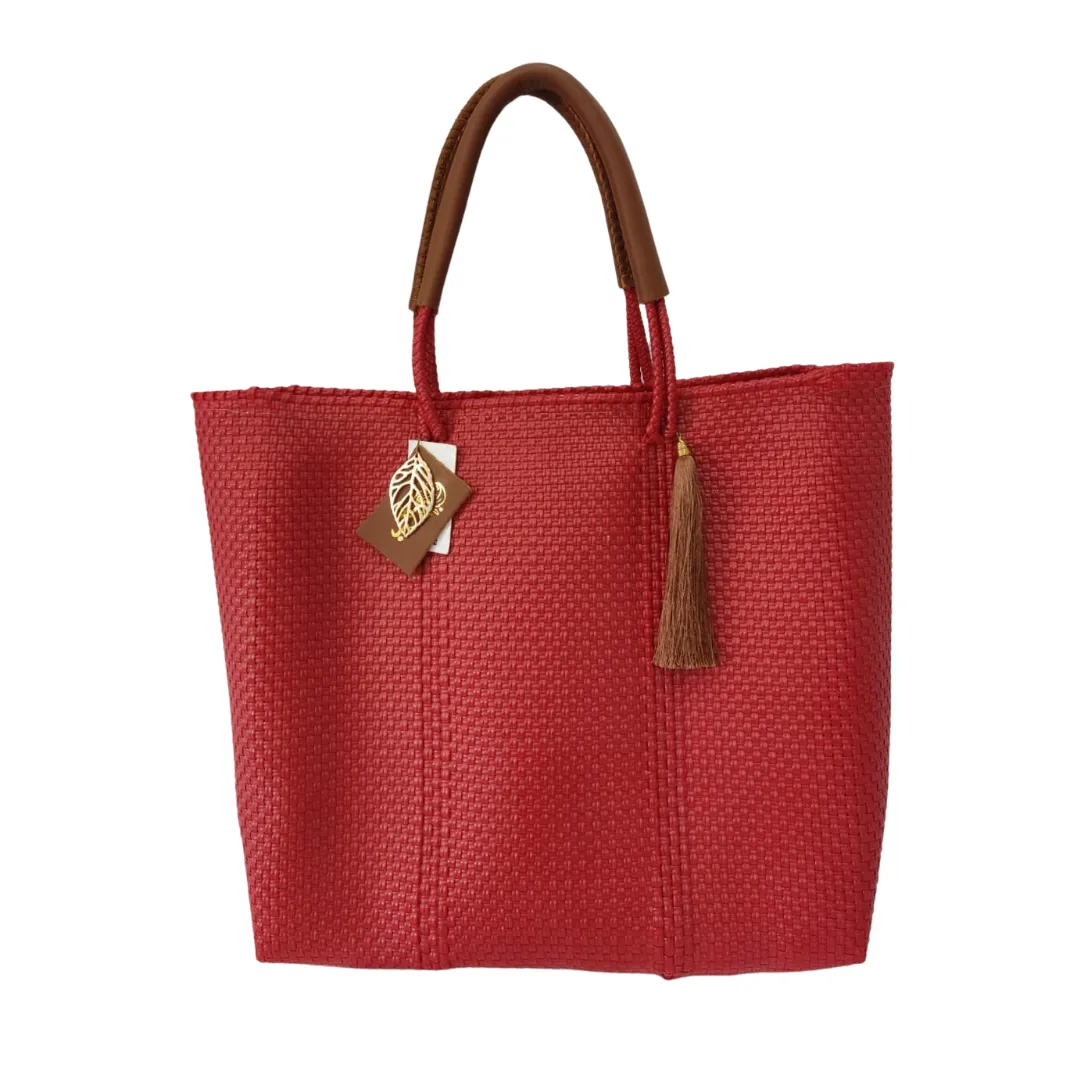 Recycled plastic Woven Tote, with inside linen, pockets & leather handle