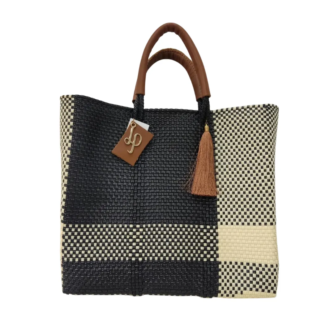 Recycled plastic Woven Tote, with inside linen, pockets & leather handle