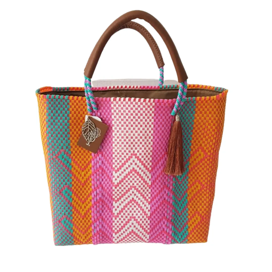 Recycled plastic Woven Tote, with inside linen, pockets & leather handle