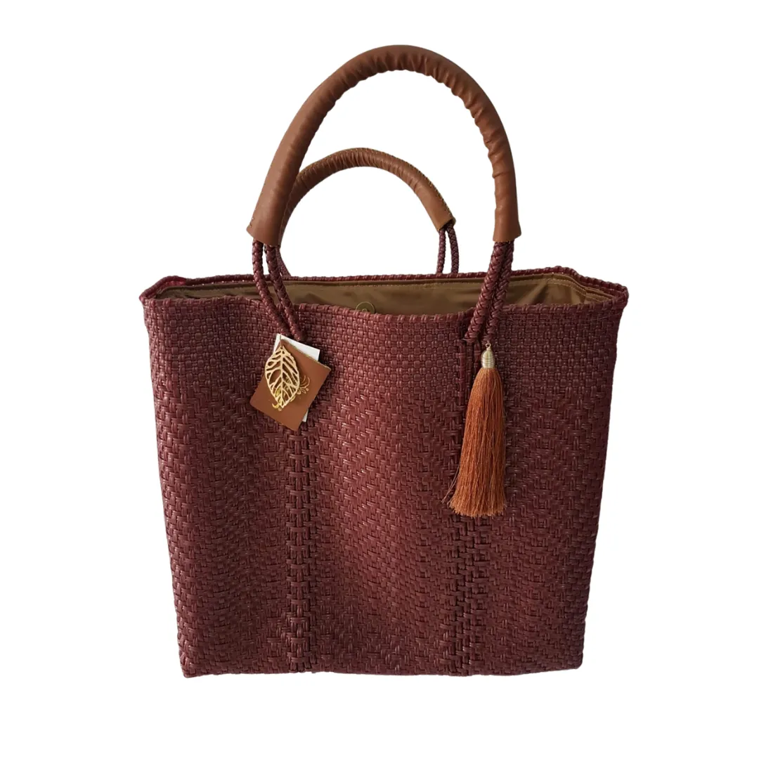 Recycled plastic Woven Tote, with inside linen, pockets & leather handle