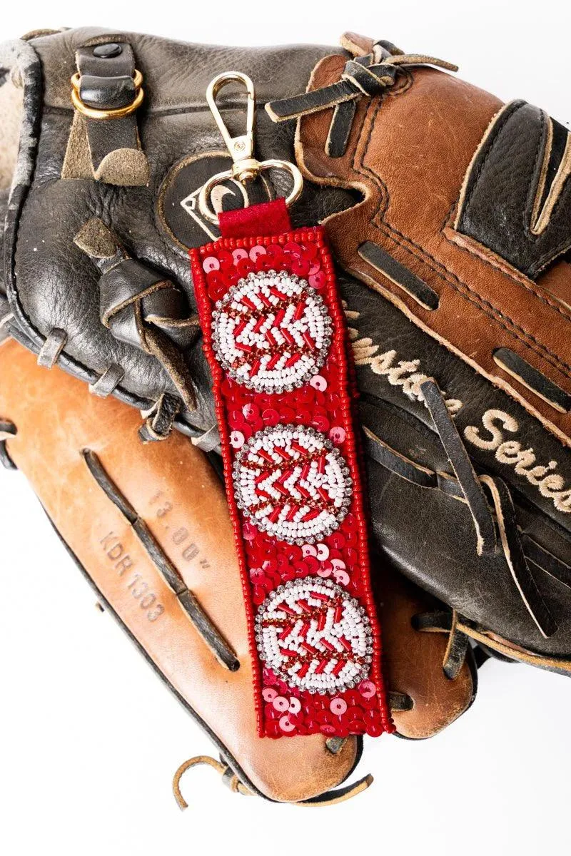 Red Baseball Game Day Seed Bead Keychain