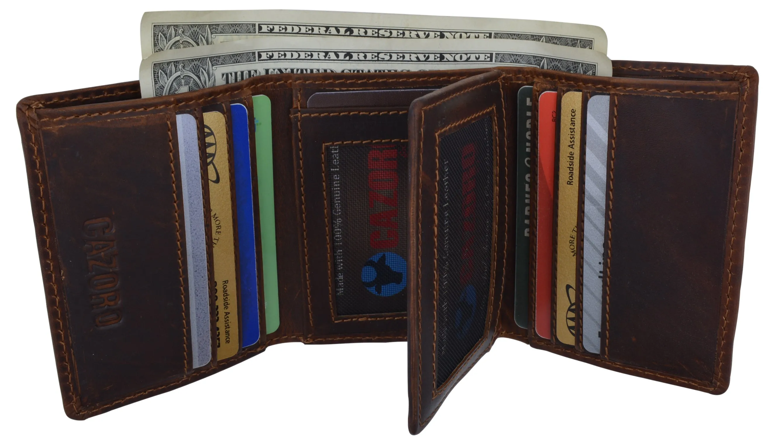 RFID Blocking Mens Classic Trifold Crazy Horse Leather Credit Card ID Wallet by Cazoro