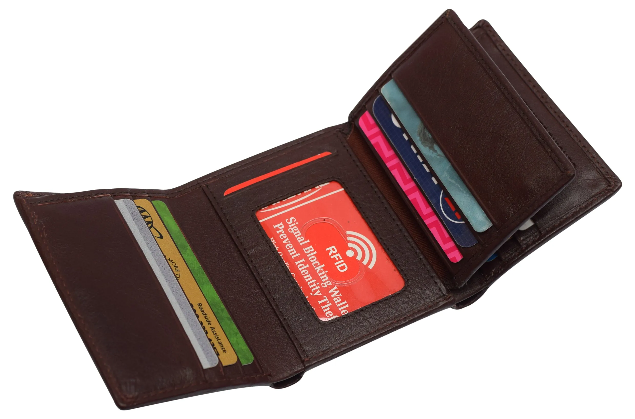 RFID Leather Trifold Wallet with 9 Card Slots 2 Note Pocket & 2 ID Windows