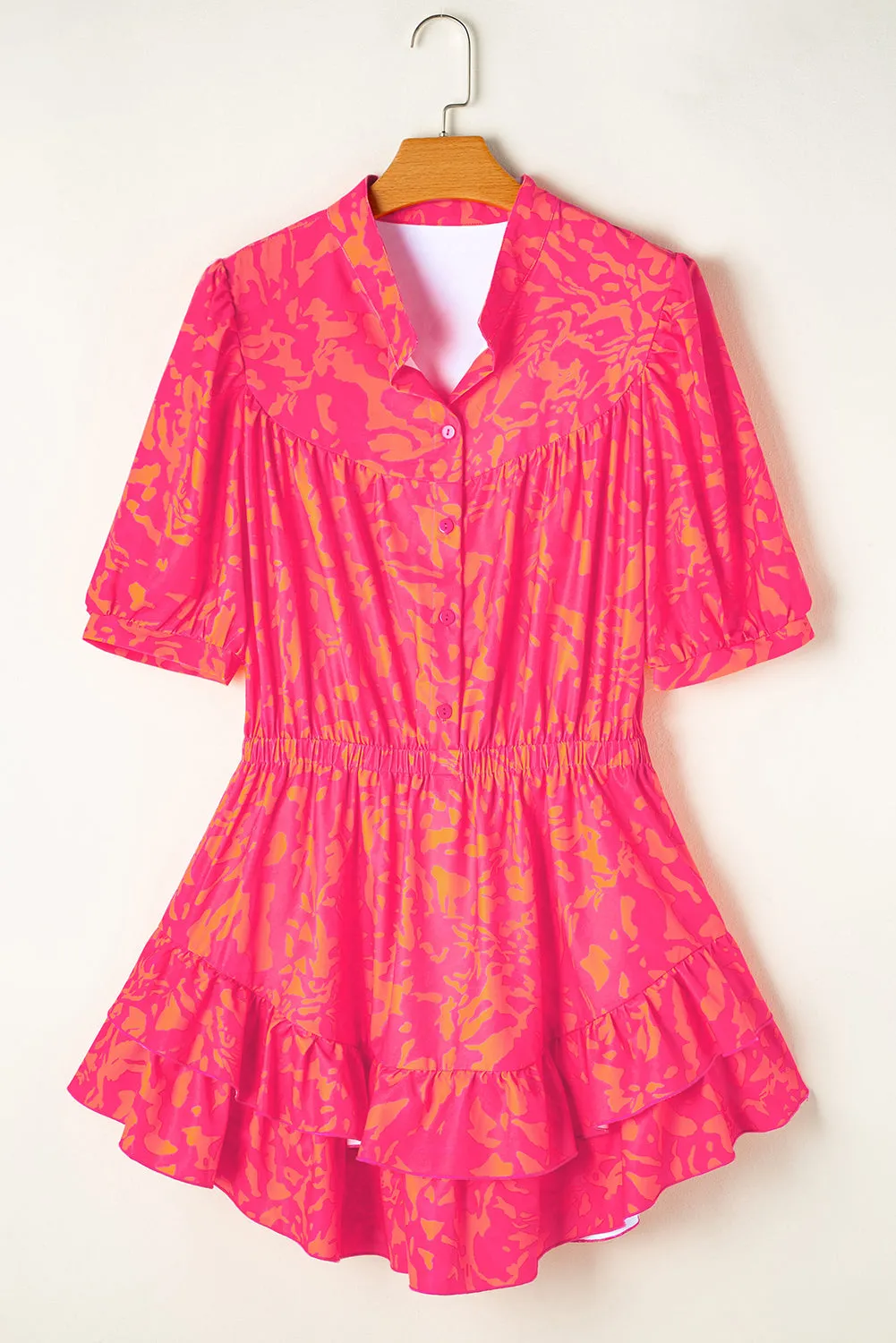 Rose Abstract Print Puff Short Sleeve Ruffled Mini Dress