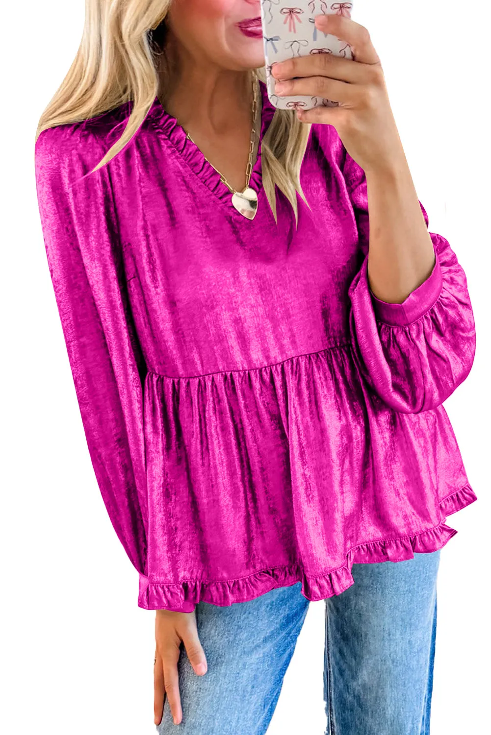 Rose Red Metallic Velvet Frill V Neck Puff Sleeve Babydoll Blouse