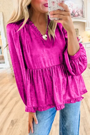 Rose Red Metallic Velvet Frill V Neck Puff Sleeve Babydoll Blouse