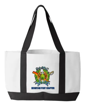 SAMC Shopping Bag, 18.5"W x 12"H with 3.5" depth. White Polyester with Black Straps and Bottom.