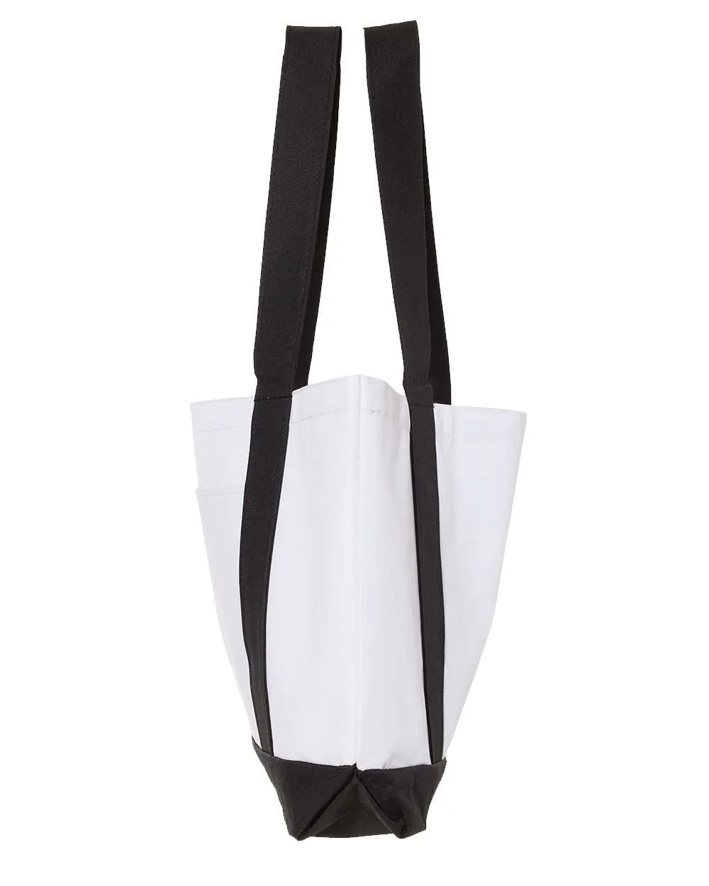 SAMC Shopping Bag, 18.5"W x 12"H with 3.5" depth. White Polyester with Black Straps and Bottom.