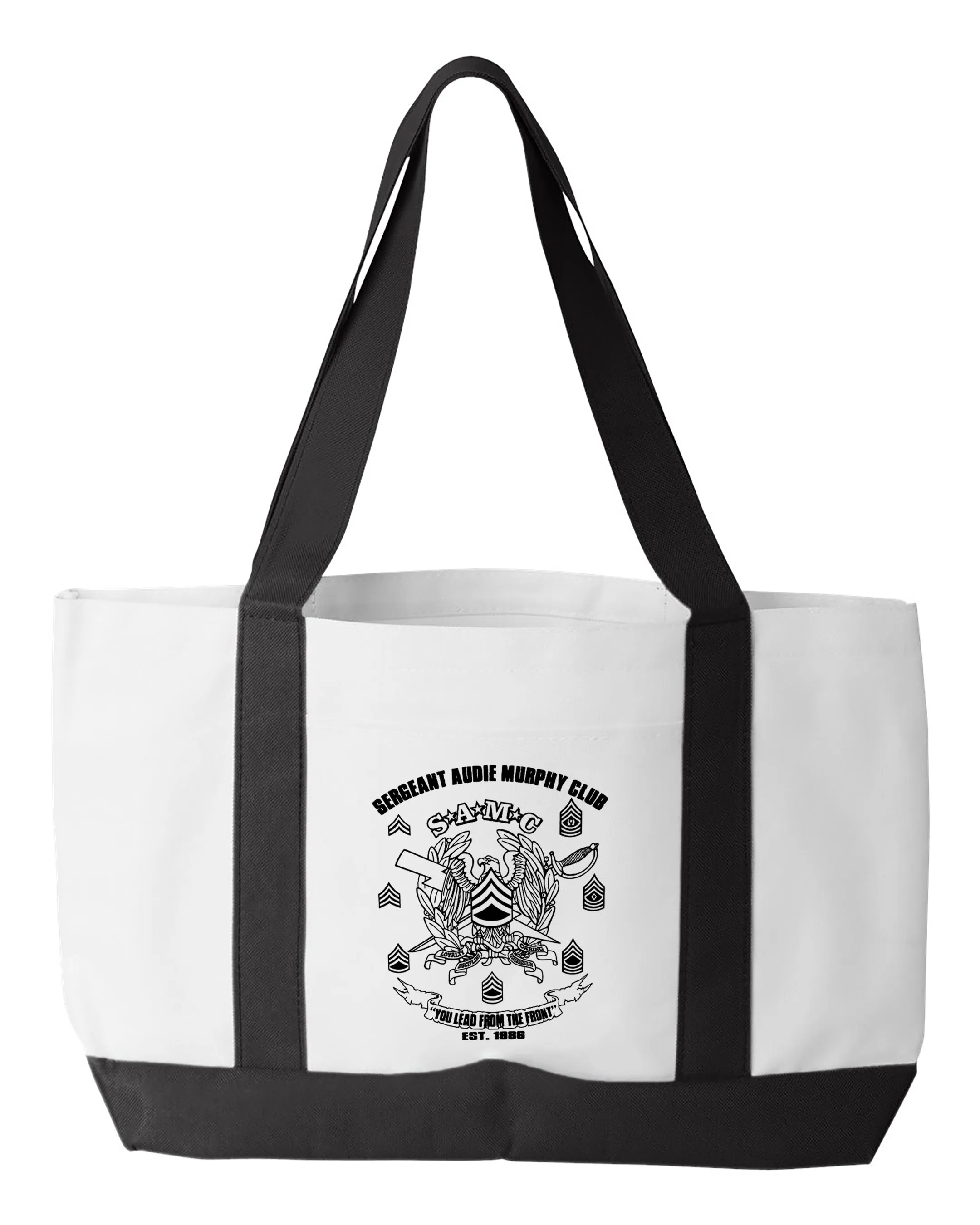 SAMC Shopping Bag, 18.5"W x 12"H with 3.5" depth. White Polyester with Black Straps and Bottom.