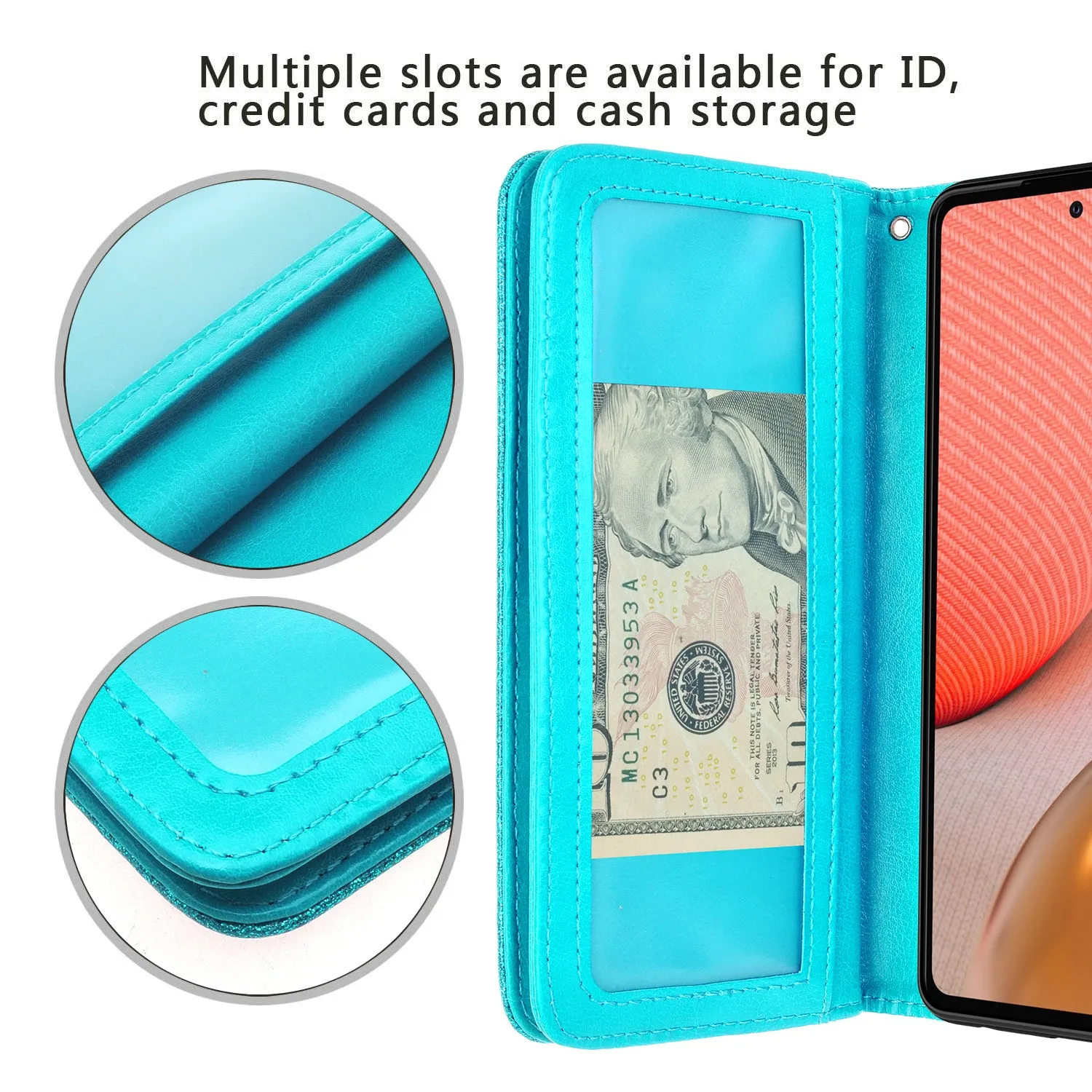 Samsung Galaxy A02s Case, Galaxy A02s Case, Glitter Faux Leather Flip Credit Card Holder Wrist Strap Shockproof Protective Wallet Case Clutch for Galaxy A02s - Teal