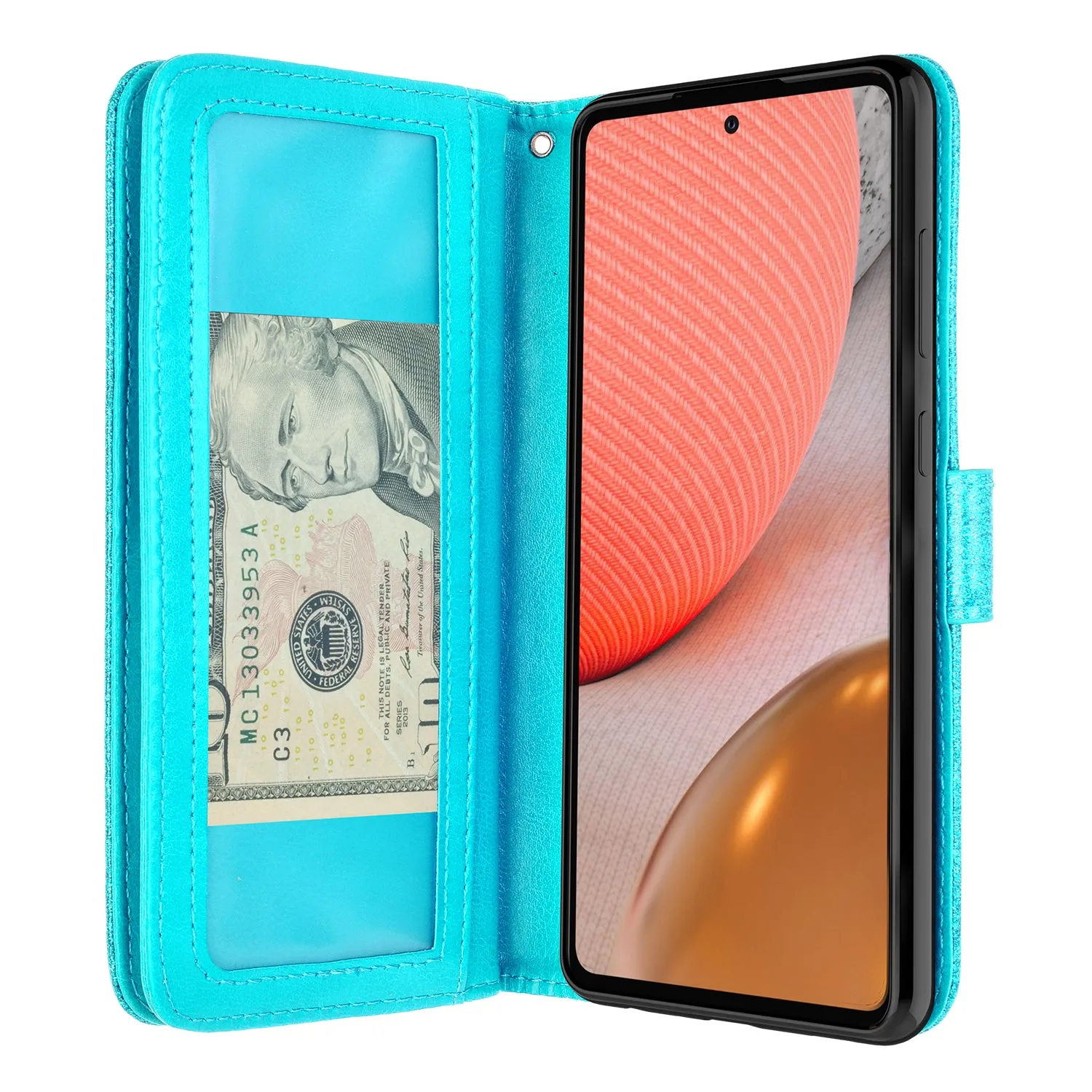 Samsung Galaxy A02s Case, Galaxy A02s Case, Glitter Faux Leather Flip Credit Card Holder Wrist Strap Shockproof Protective Wallet Case Clutch for Galaxy A02s - Teal