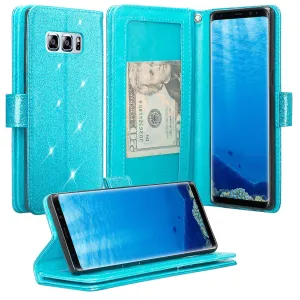 Samsung Galaxy Note 8 Case, Galaxy Note 8 Case, [Wrist Strap] Glitter Faux Leather Flip [Kickstand Feature] Protective Wallet Case Clutch - Teal