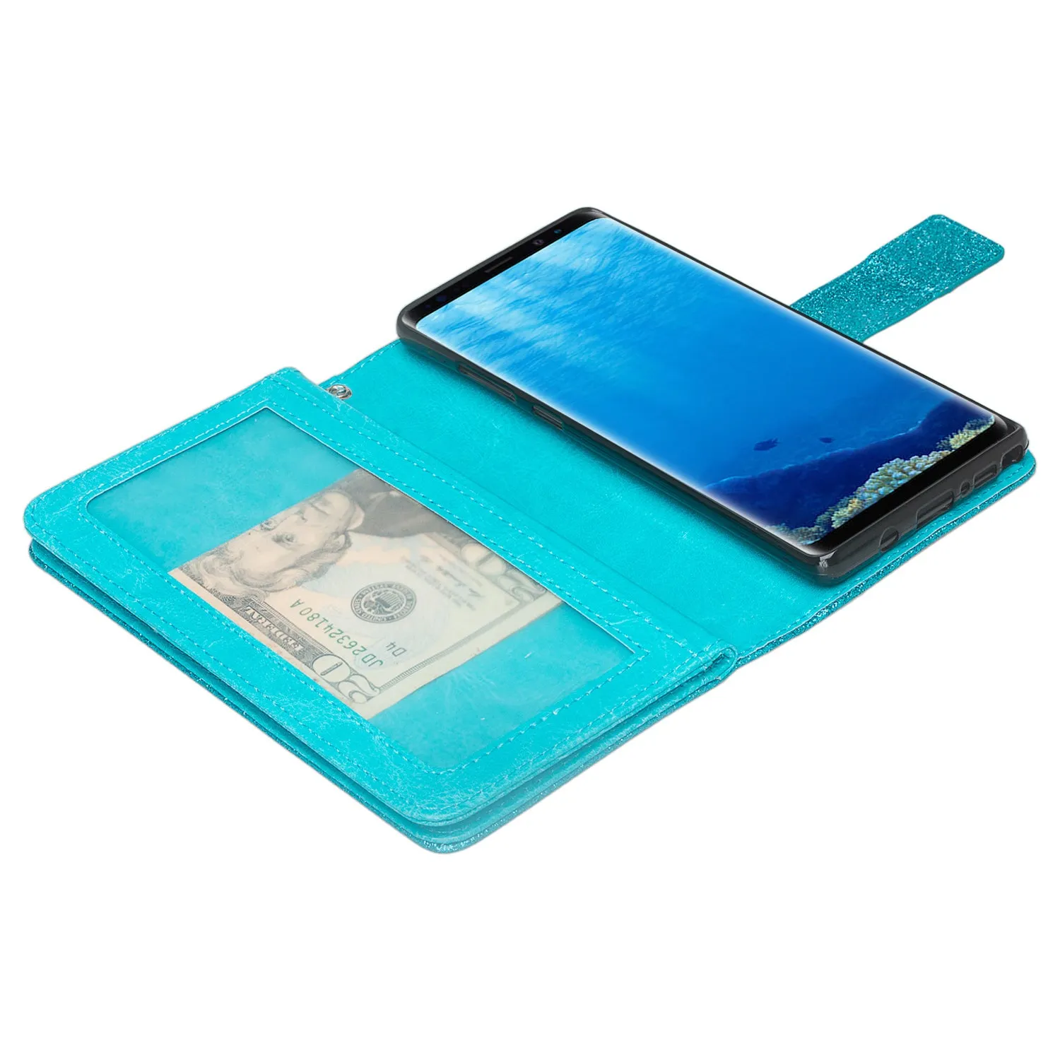 Samsung Galaxy Note 8 Case, Galaxy Note 8 Case, [Wrist Strap] Glitter Faux Leather Flip [Kickstand Feature] Protective Wallet Case Clutch - Teal