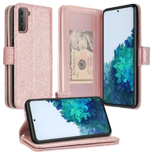 Samsung Galaxy S21  Case, Galaxy S21 Plus Case, Glitter Faux Leather Flip Credit Card Holder Wrist Strap Shockproof Protective Wallet Case Clutch for Galaxy S21  /Galaxy S21 Plus - Rose Gold