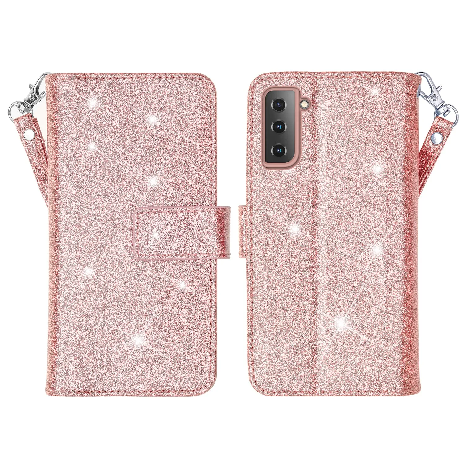 Samsung Galaxy S21  Case, Galaxy S21 Plus Case, Glitter Faux Leather Flip Credit Card Holder Wrist Strap Shockproof Protective Wallet Case Clutch for Galaxy S21  /Galaxy S21 Plus - Rose Gold