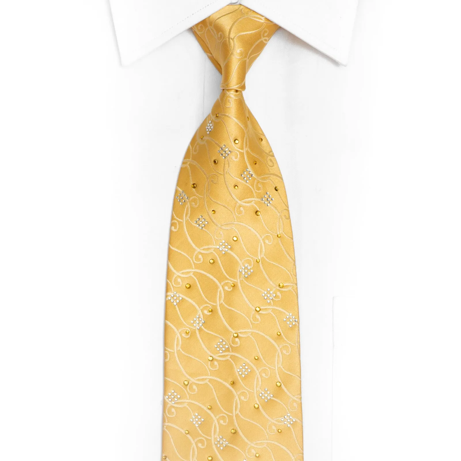 Scrolls On Yellow Rhinestone Silk Necktie