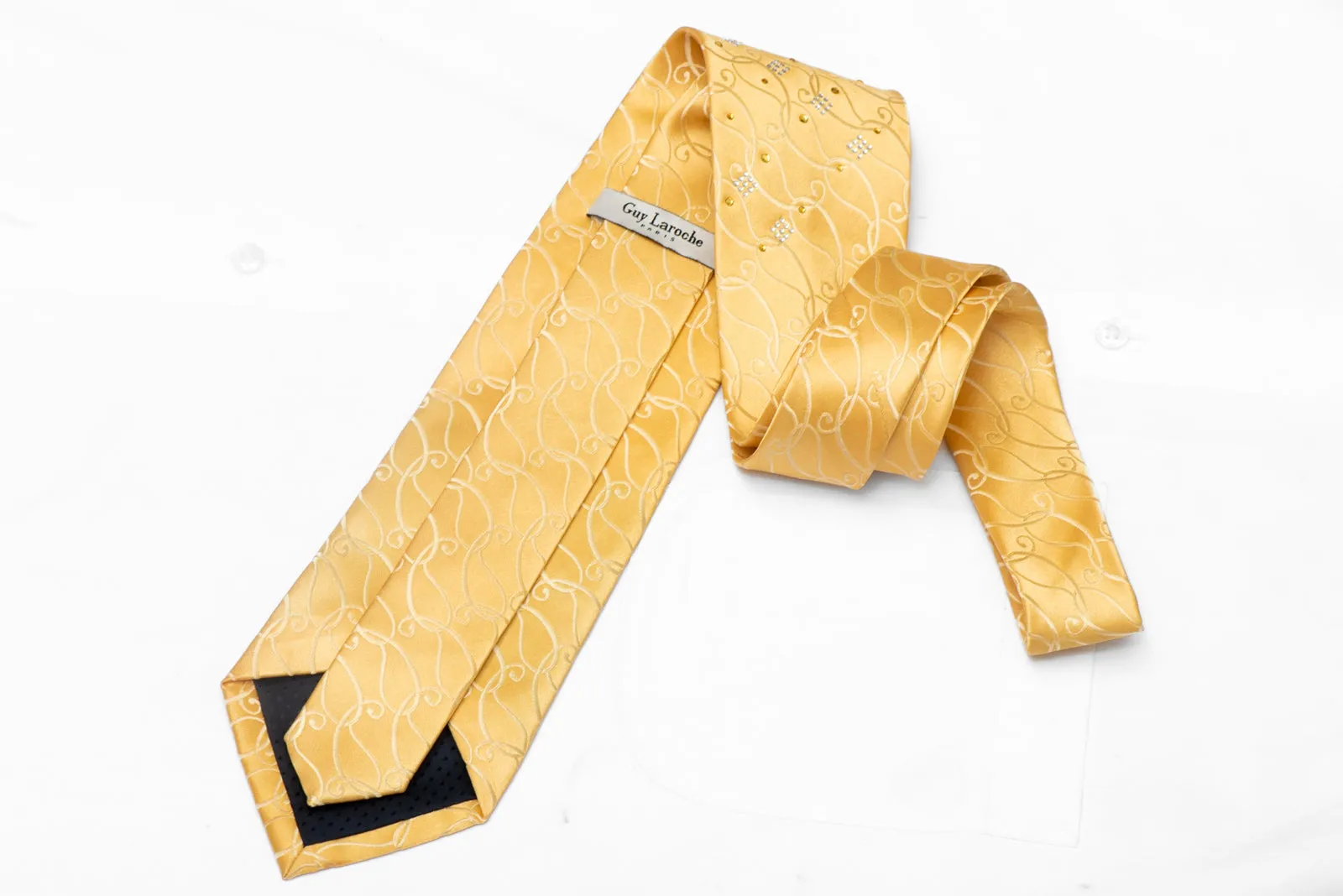 Scrolls On Yellow Rhinestone Silk Necktie