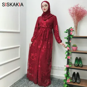 Siskakia Fashion Muslim Abaya Dress Metal Color High Grade Lace Hot Stamp Dubai Robe Arab Islam Elegant Party Dress Summer 2019