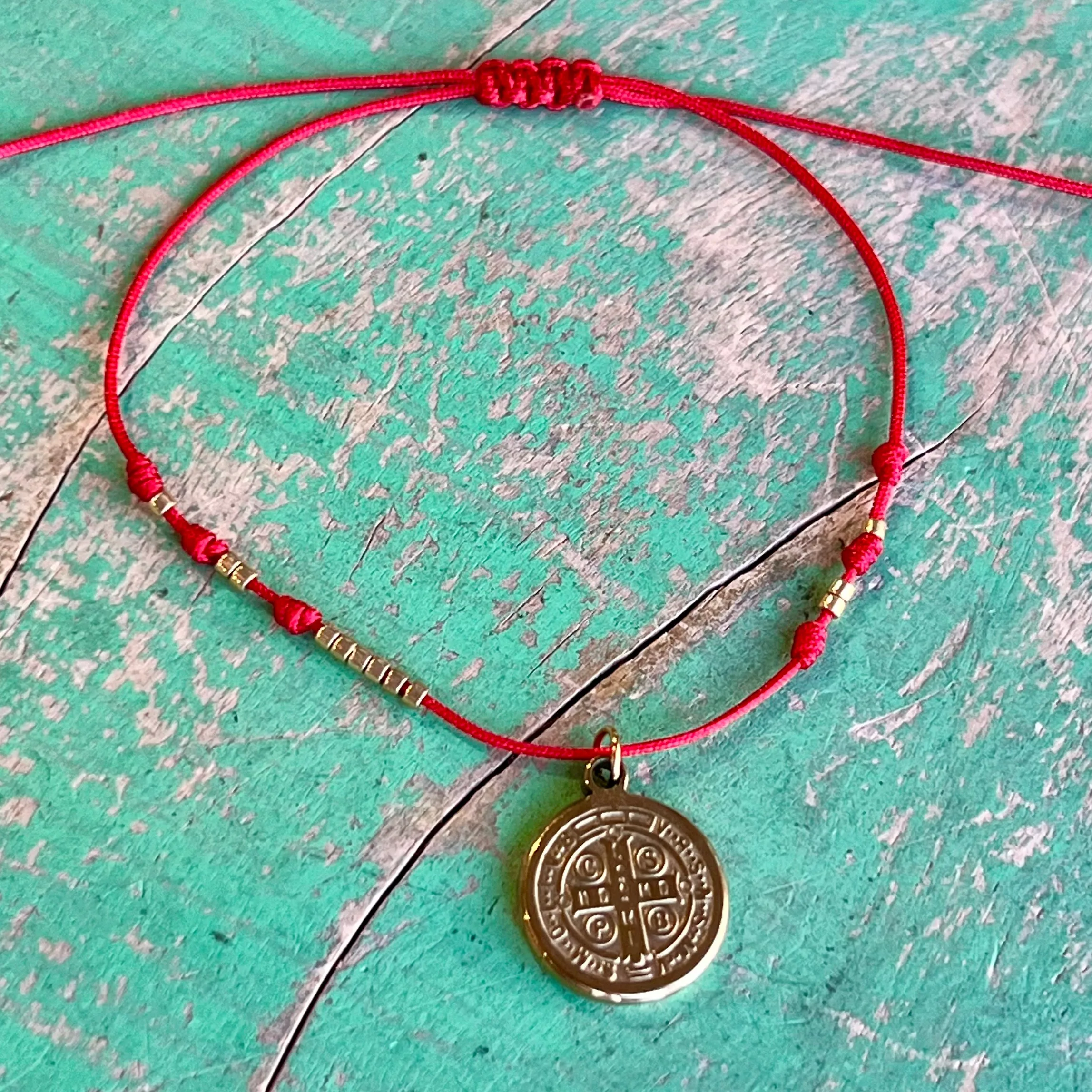 St Benedict Dangle Red Cord Adjustable Bracelet