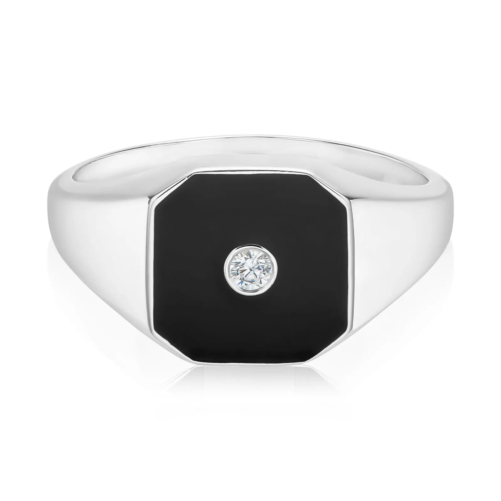 Sterling Silver with Octagon & Round Cubic Zirconia and Black Enamel Rings