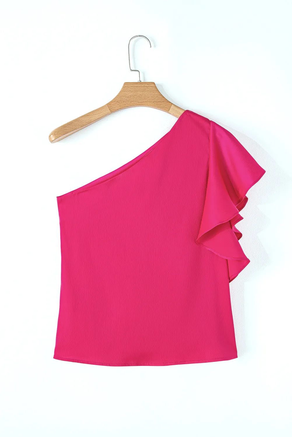 Strawberry Pink Asymmetric Shoulder Ruffle Sleeveless Blouse